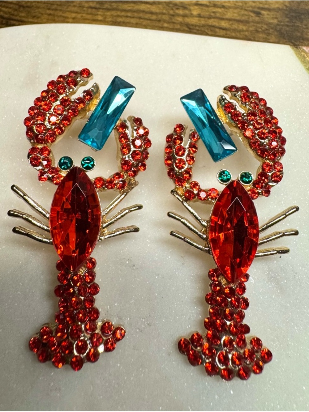 Rhinestone Lobster/Crawfish Statement Earrings Red Blue Gold Coastal